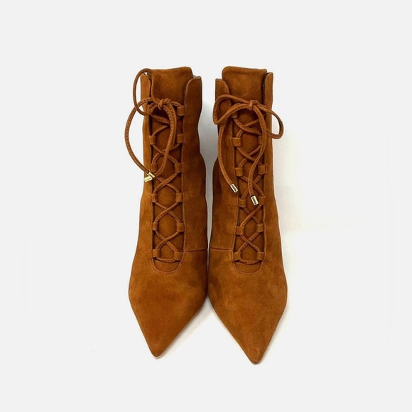 Good American Suede Tobacco Lace Up Gold Heel Pointed Toe Booties NIB Size 8 - Picture 4 of 6